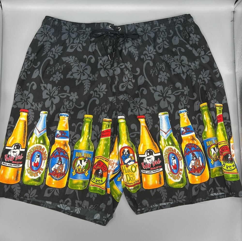 Big Dogs Swim Trunks Board Black Shorts Men's XL Beer Party Tropical Casual EUC